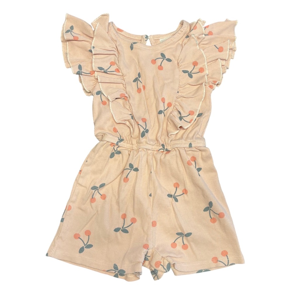 Modern Moments‎ by Gerber Kids Cherry Print Ruffle Romper Pink White Striped 4T